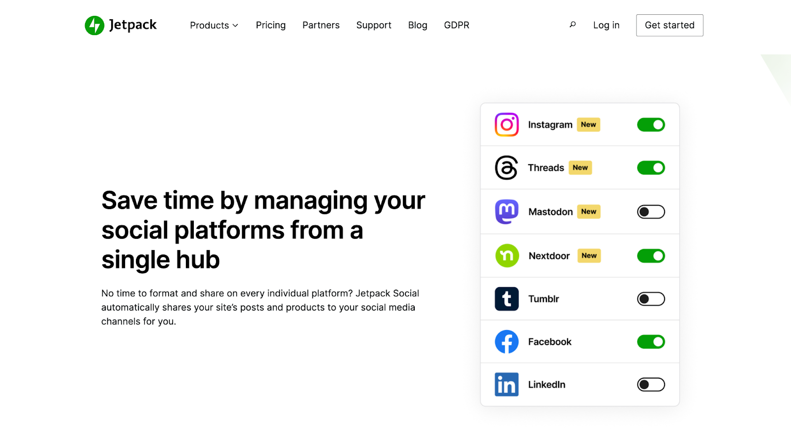 Jetpack webpage section with title, paragraph, social media platform/toggle graphic.