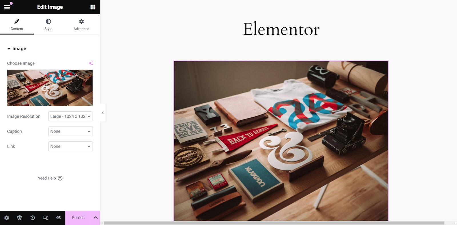 selecting image size in Elementor