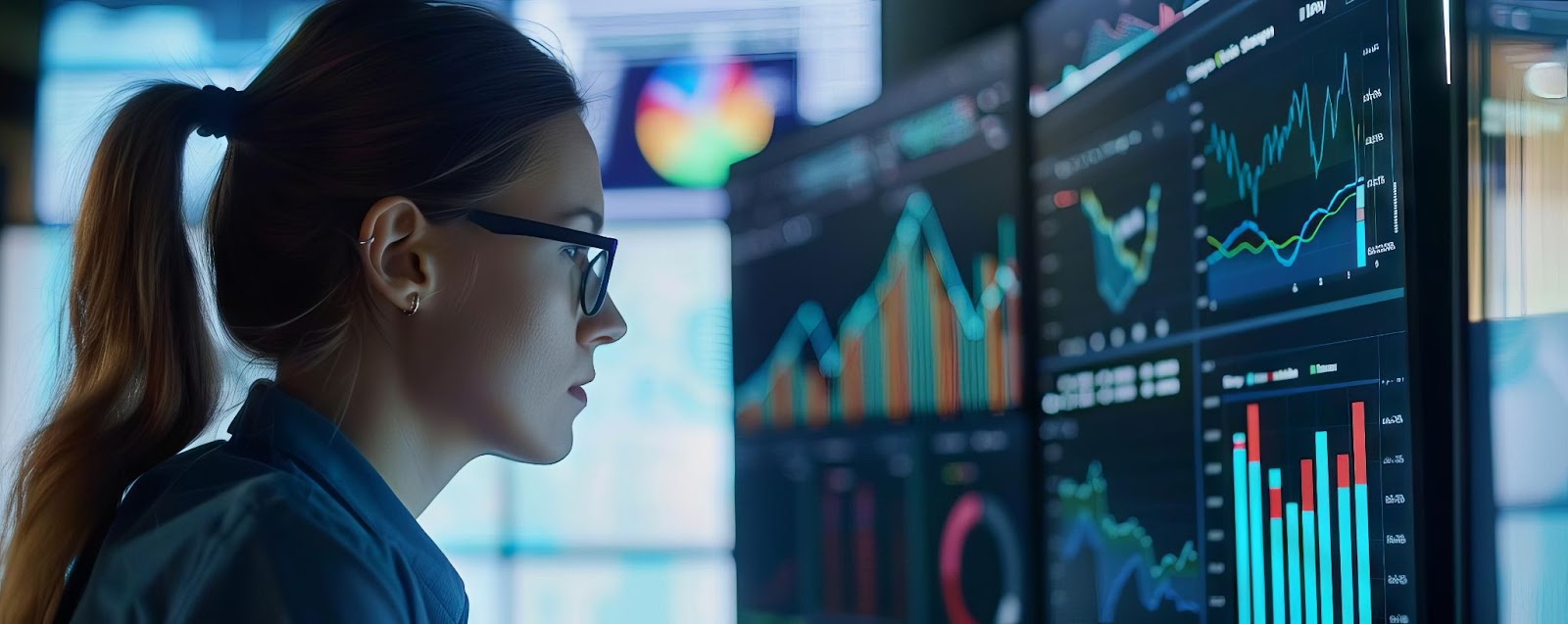 Woman in an office/lab environment looking at two large screens that are filled edge to edge with graphs, charts, and other visualized data.