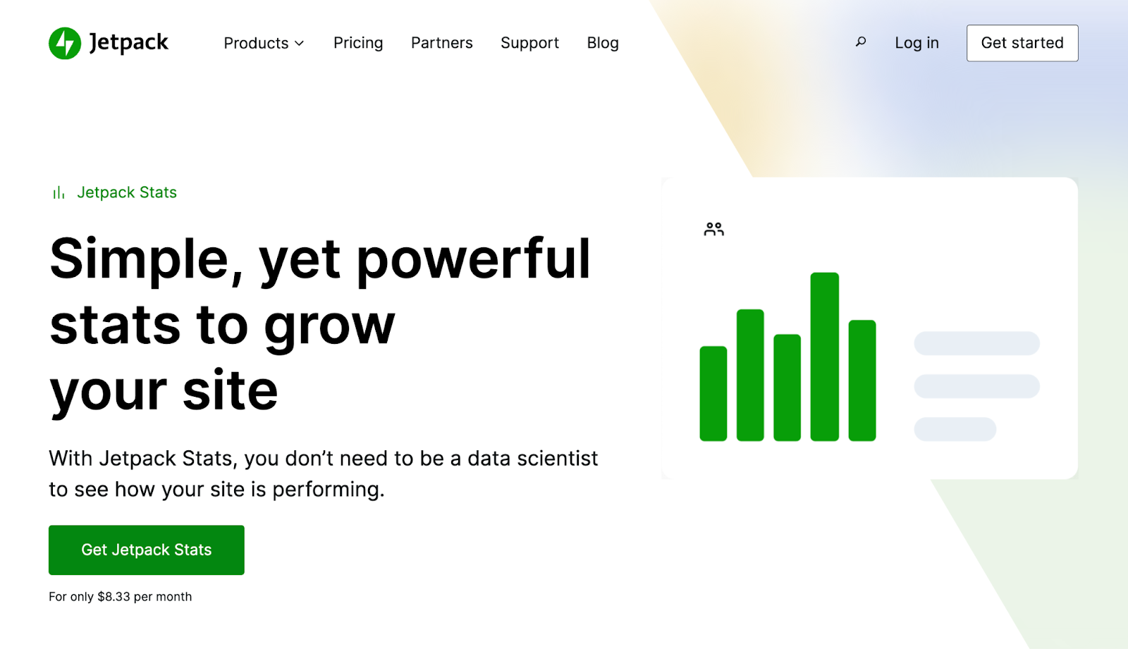 Jetpack Stats homepage with the tagline "simple, yet powerful stats to grow your site"
