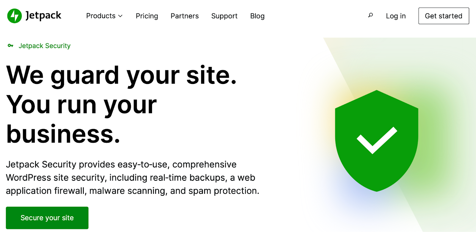 Jetpack Security homepage hero section with title, paragraph, and "Secure your site" button.