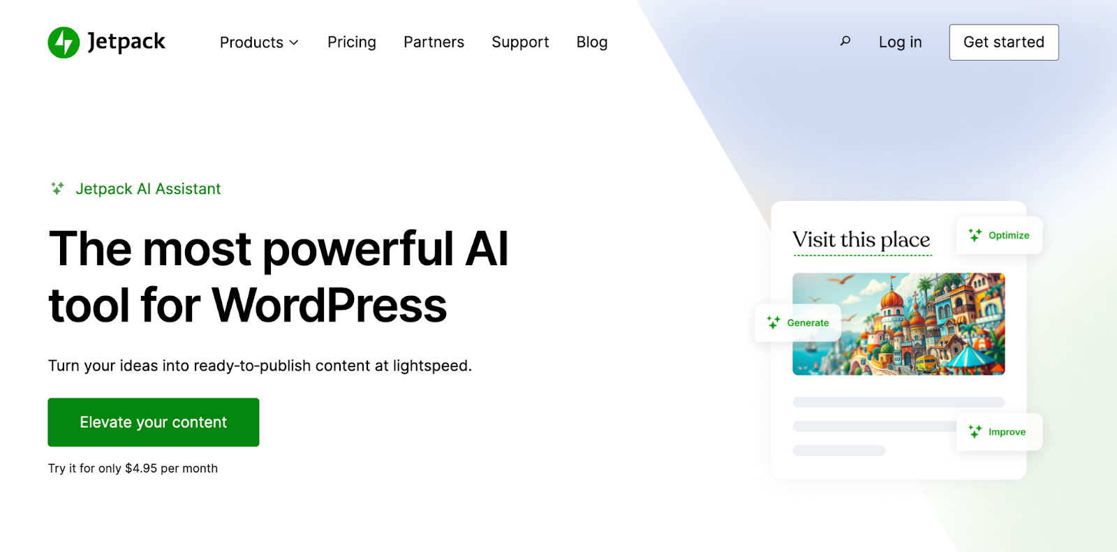 Jetpack AI Assistant homepage with title, paragraph, image, and "Elevate your content" button.