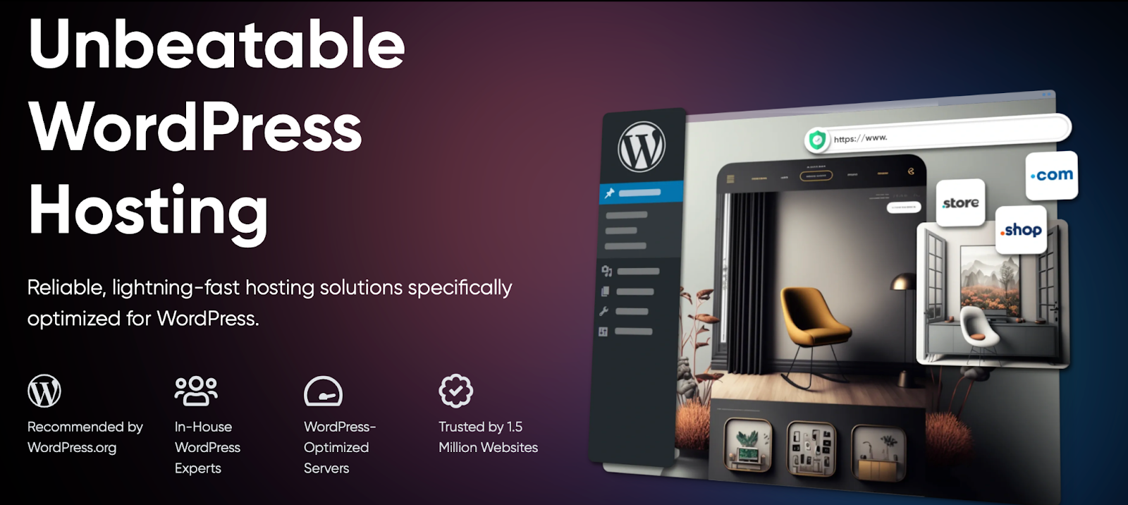 Dreamhost homepage hero with title, paragraph, image, and an array of icons with captions.