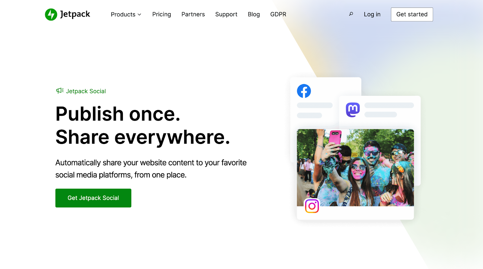 Jetpack Social homepage hero with title, paragraph, image, and "Get Jetpack Social" button.