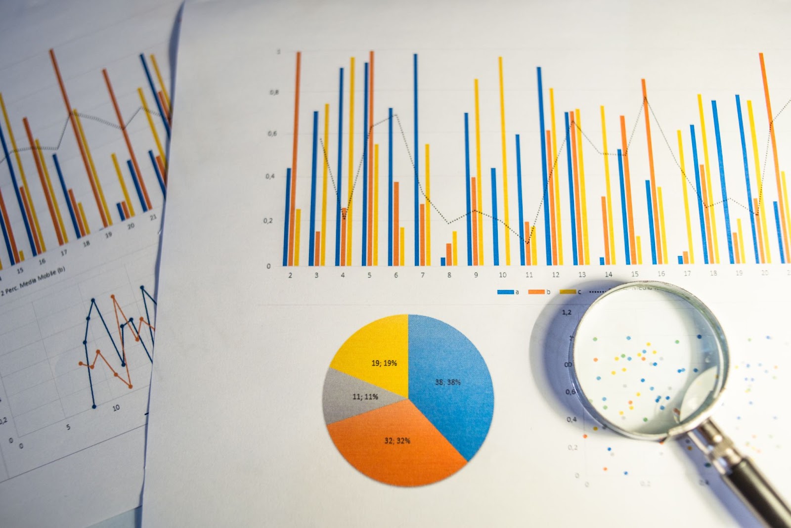Printed graphs and pie charts with a magnifying glass over one of the charts. 