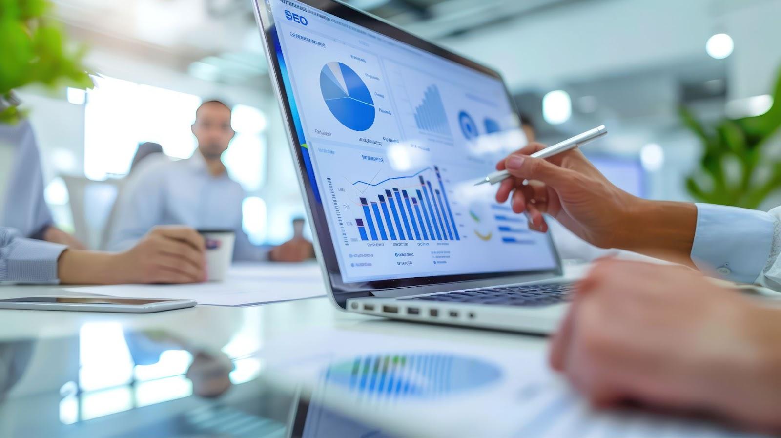 Group of people at a meeting table in an office looking over data nad analytics in the form of graphs and pie charts.