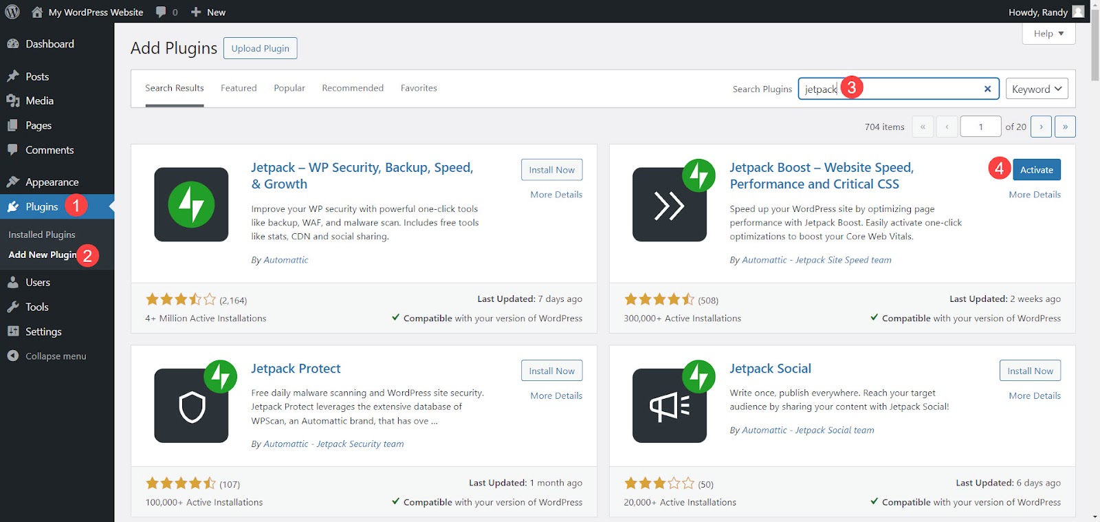 finding Jetpack boost and installing it from the WordPress dashboard