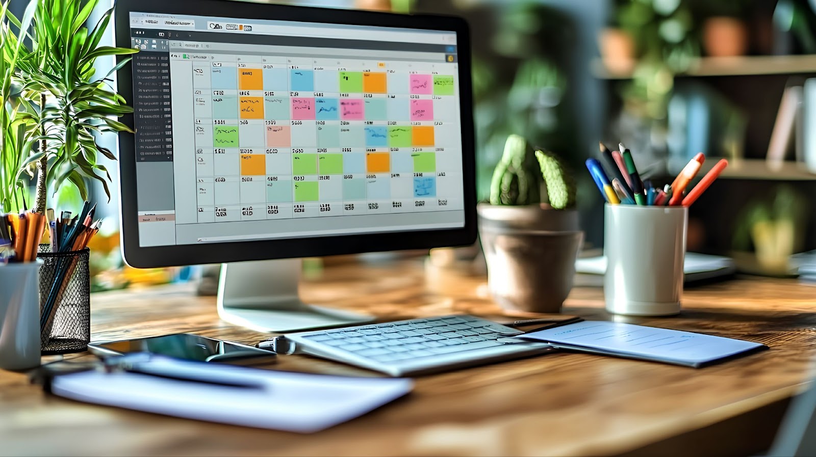 Digital calendar on a computer screen on a computer in an office with bright nature light and a lot of plants.