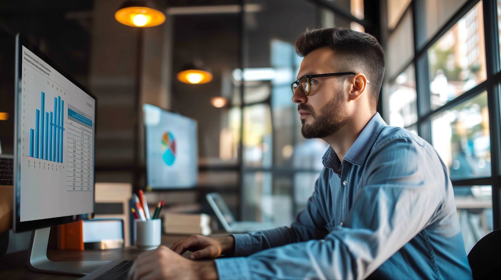 Man in a rustic but clean office with a large window, looking at a computer screen with bar graphs and data points.