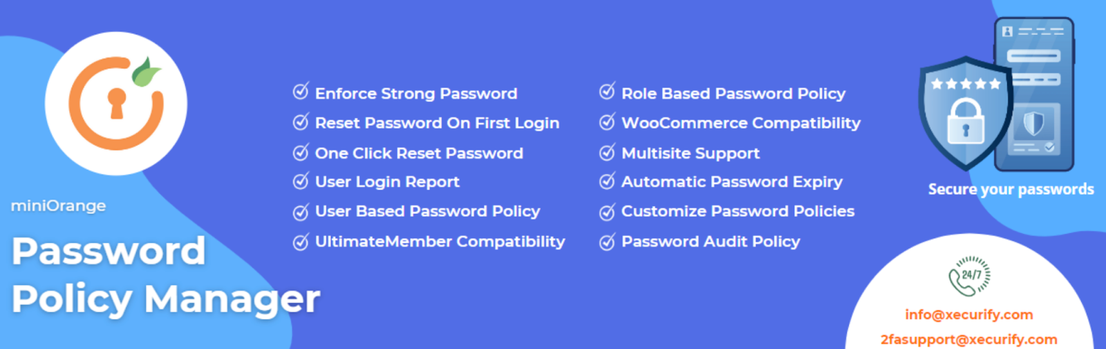 Password Policy Manager graphic from WordPress plugin repository listing our several features.