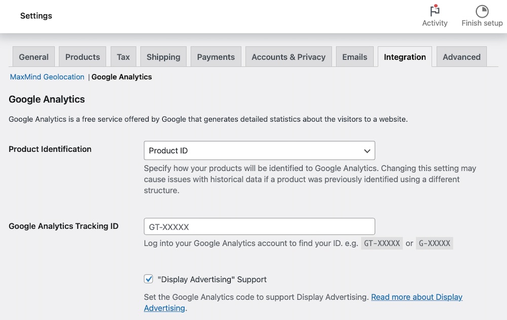 WooCommerce Settings (Integration tab) in the WordPress Dashboard with MaxMind Geolocation and Google Analytics options.