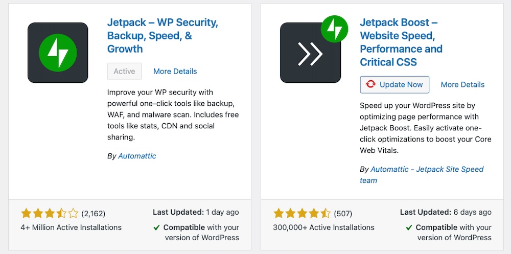 Plugin repository in the WordPress Dashboard with Jetpack products already having been installed.