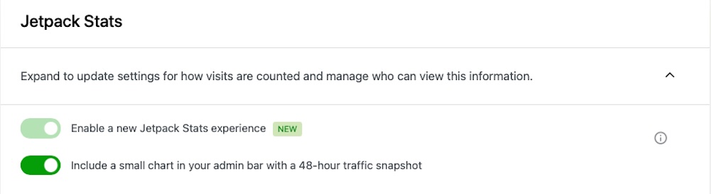 Jetpack Admin in a WordPress Dashboard displaying Jetpack stats options with both options toggled on.