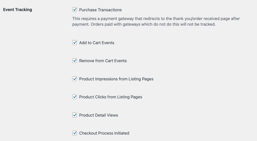 WooCommerce Settings (Integration tab) in the WordPress Dashboard with Google Analytics Event Tracking options.