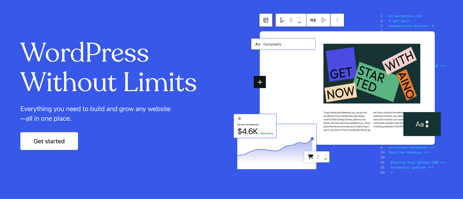 WordPress.com homepage hero section with graphic art, title, paragraph and "Get Started" button.