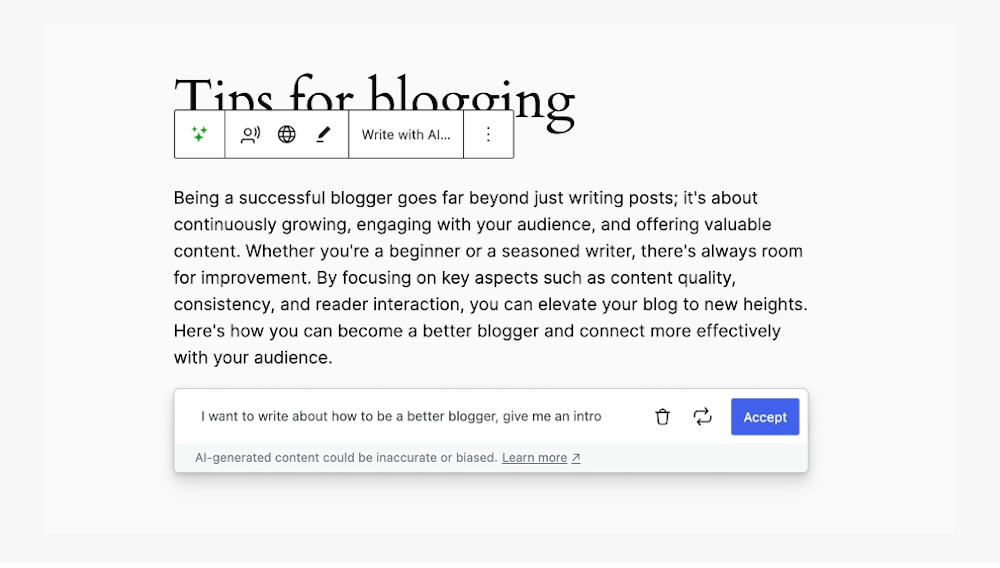 Jetpack AI Assistant as seen in Gutenberg block editor on a WordPress post.