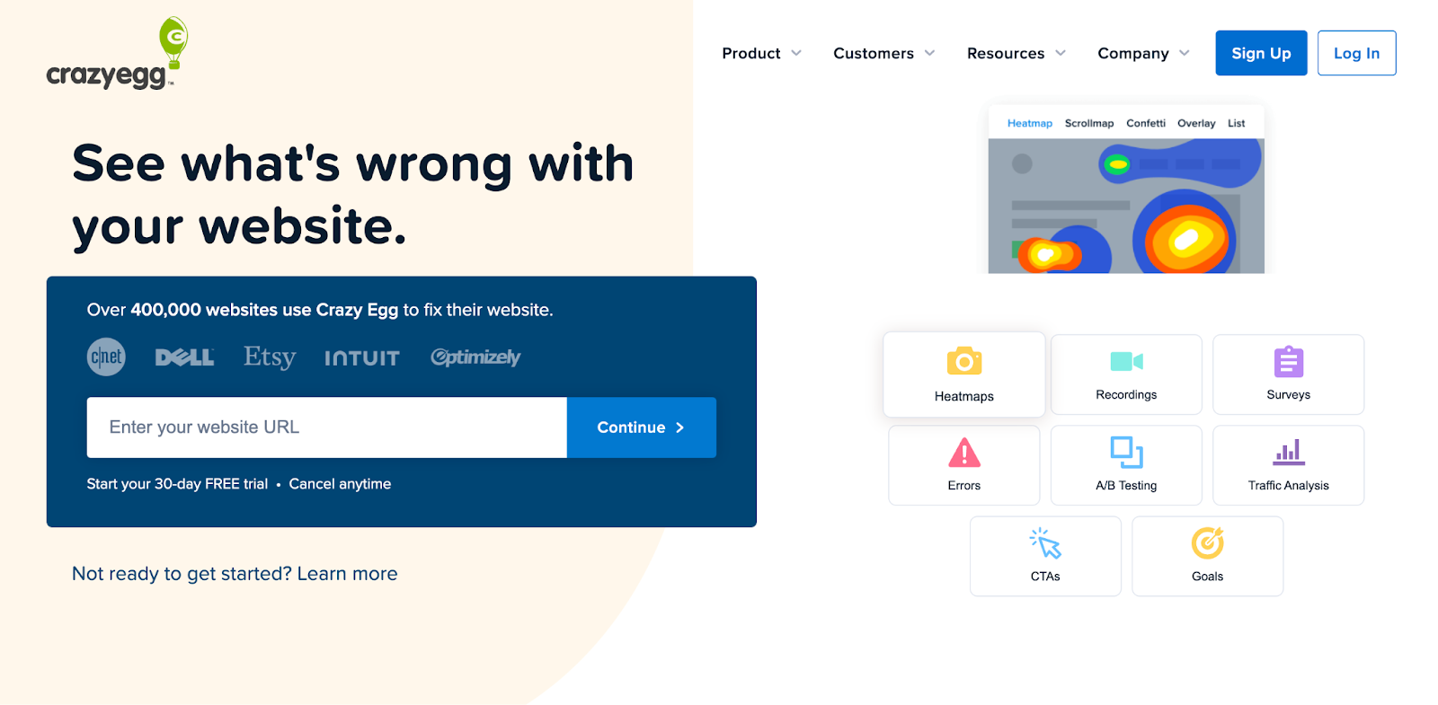 CrazyEgg homepage with a search bar and icons 