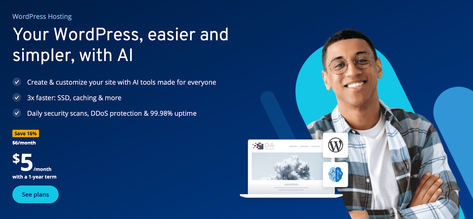 IONOS homepage hero section with title, subtitle, unordered list of features, discount call-out, and "See Plans" button.