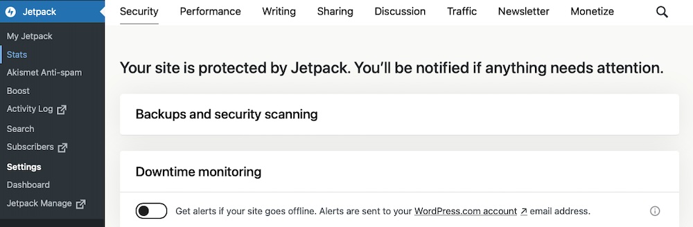 Jetpack Admin in a WordPress Dashboard displaying securty settings in the Jetpack Stats section.