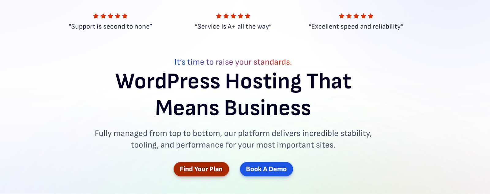 Pressable homepage hero section with title, subtitle, paragraph, five star reviews, as well as "Find Your Plan" and "Book a Demo" buttons.