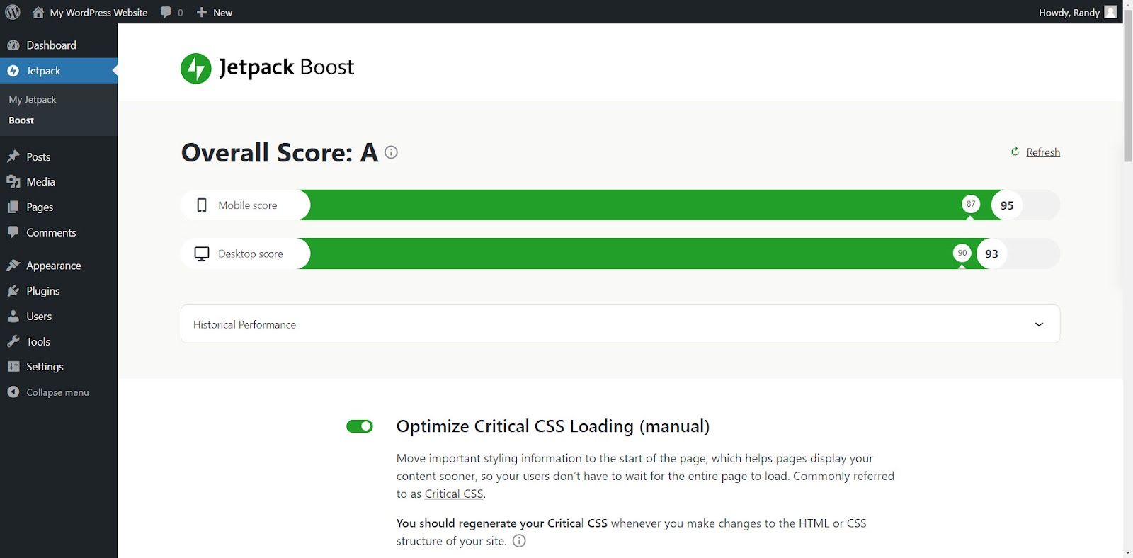 Jetpack Boost site speed score