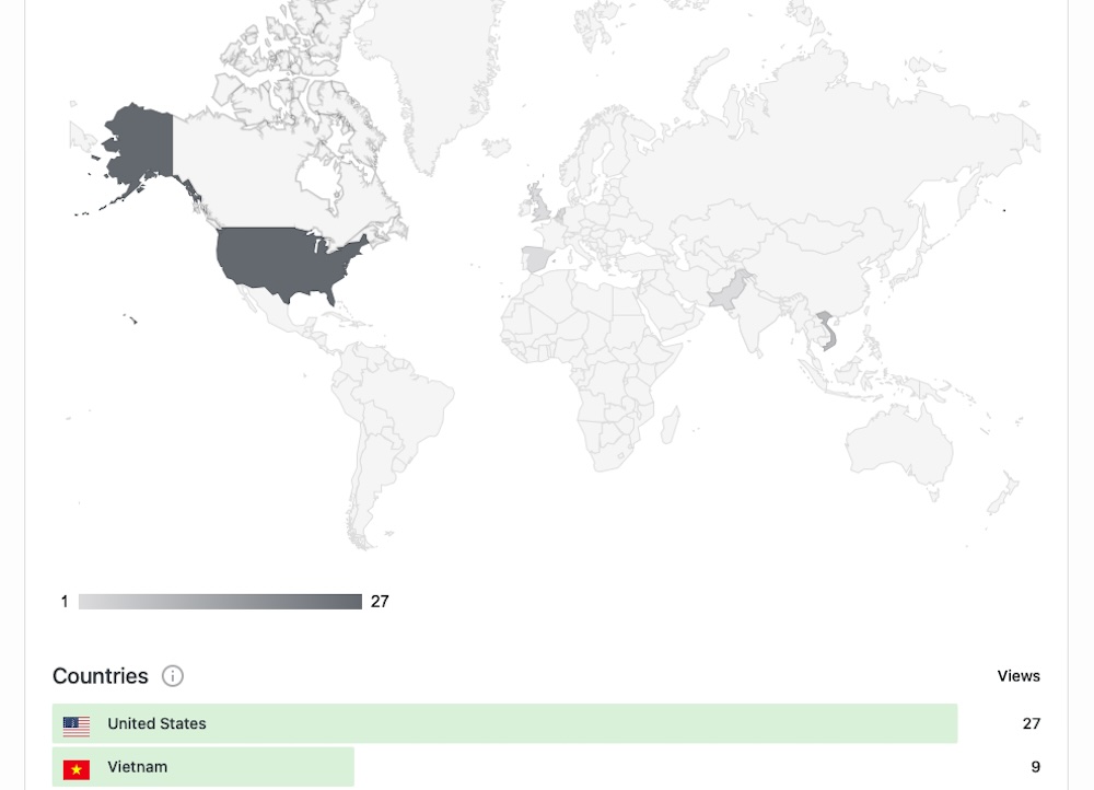 Jetpack world map with North America and Vietnam highlighted to signify page view analytics.