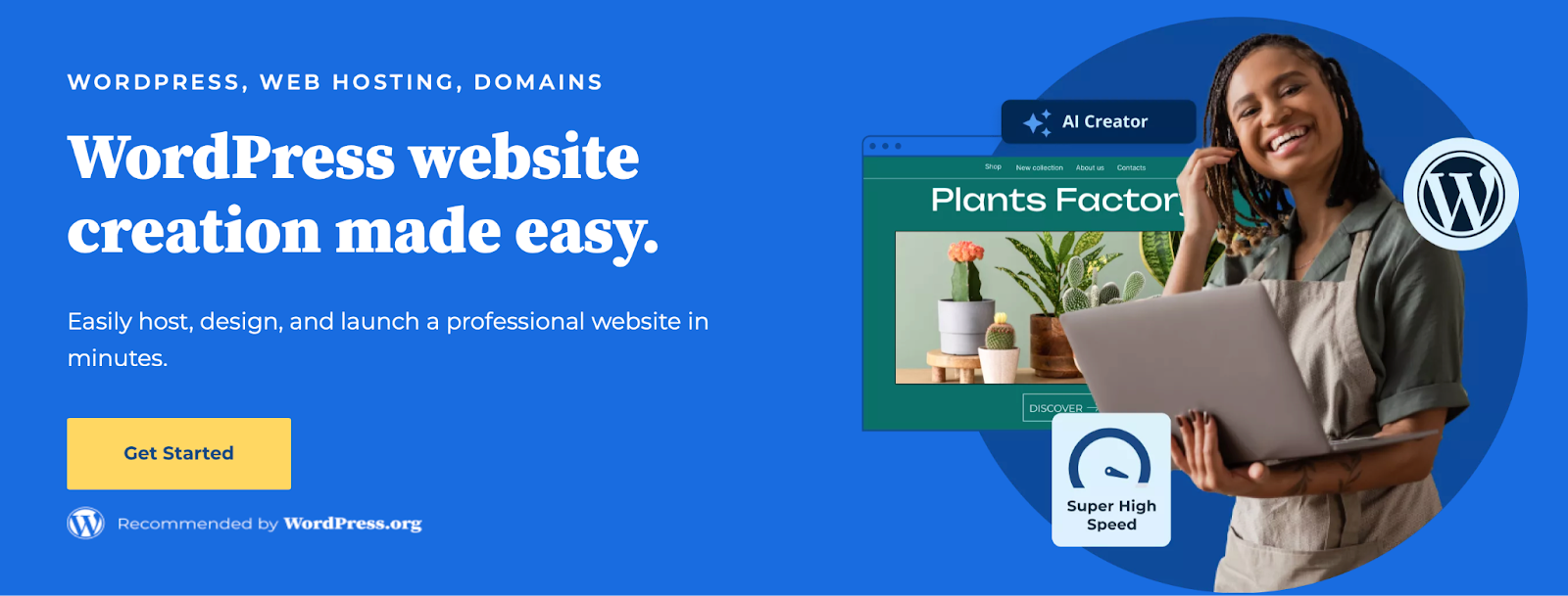 Bluehost homepage hero section with image, title, subtitle, paragraph and "Get Started" button.