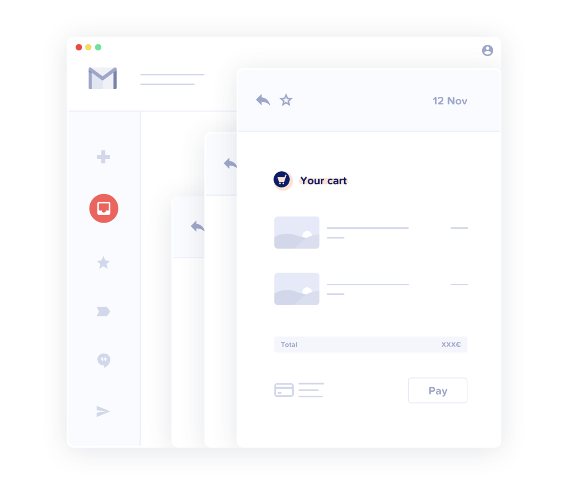 Gmail dashboard with multiple "Your Cart" emails in the indox.