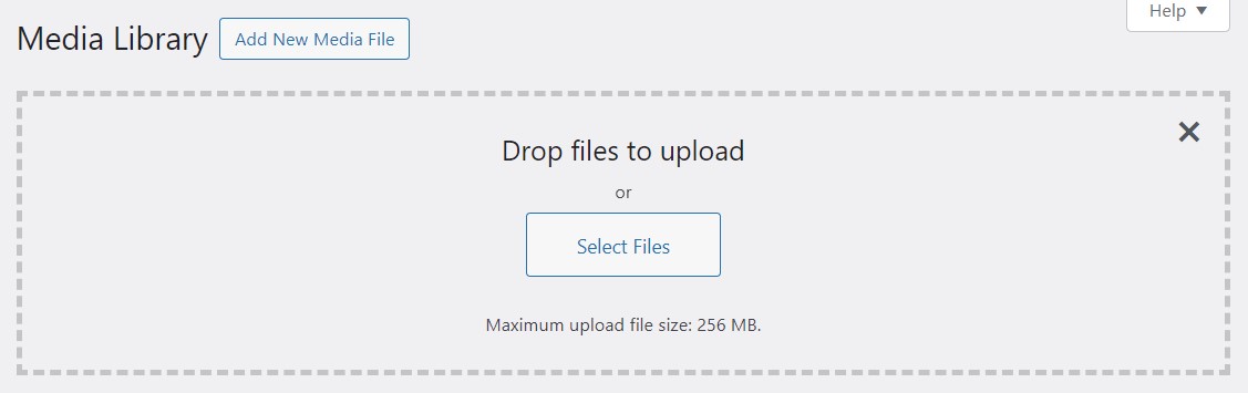 WordPress dashboard Media Library 'Drop files to upload' view.