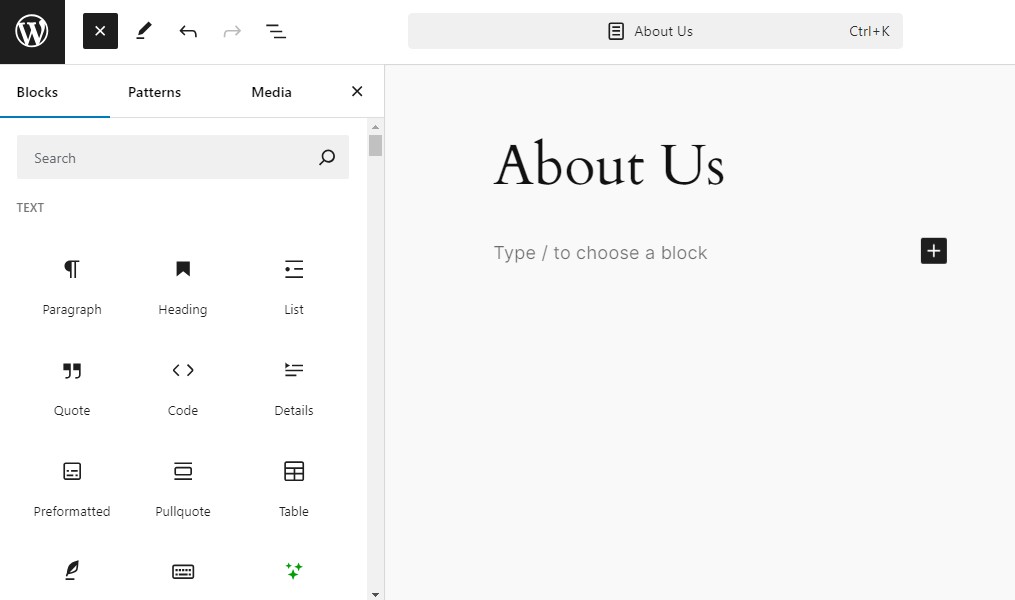 Gutenberg page editor for new page on a WordPress website with 'About Us' title, post body, and block options.