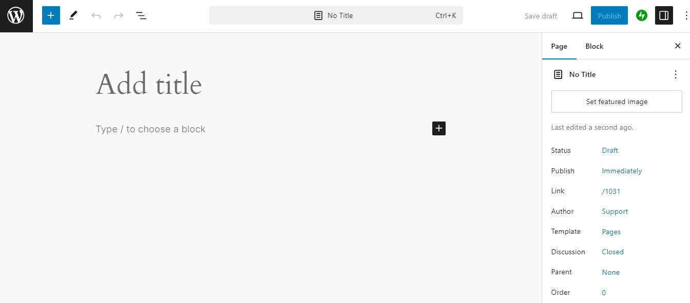Gutenberg page editor for new page on a WordPress website with blank title, post body, and page options.