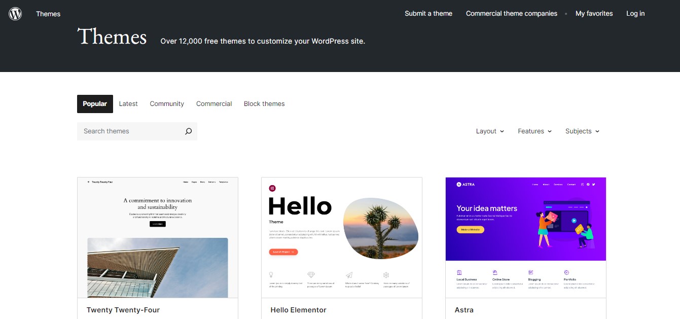 WordPress.org theme repository displaying popular themes like Twenty Twenty-Four, Hello Elementor, and Astra.