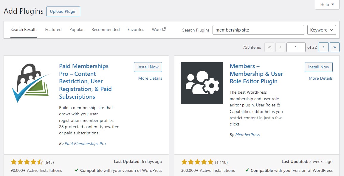 WordPress.org plugin repository feed in WordPress website dashboard displaying membership plugins.