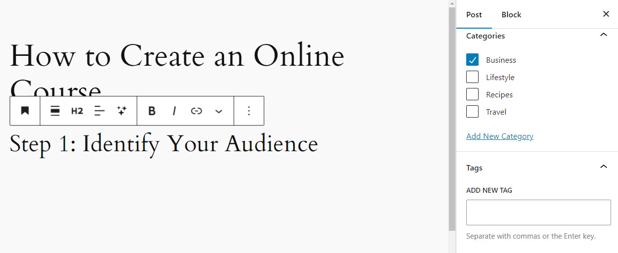 Gutenberg post editor on a WordPress website with Post Title, title block, and block settings with Categories set to 'Business'.