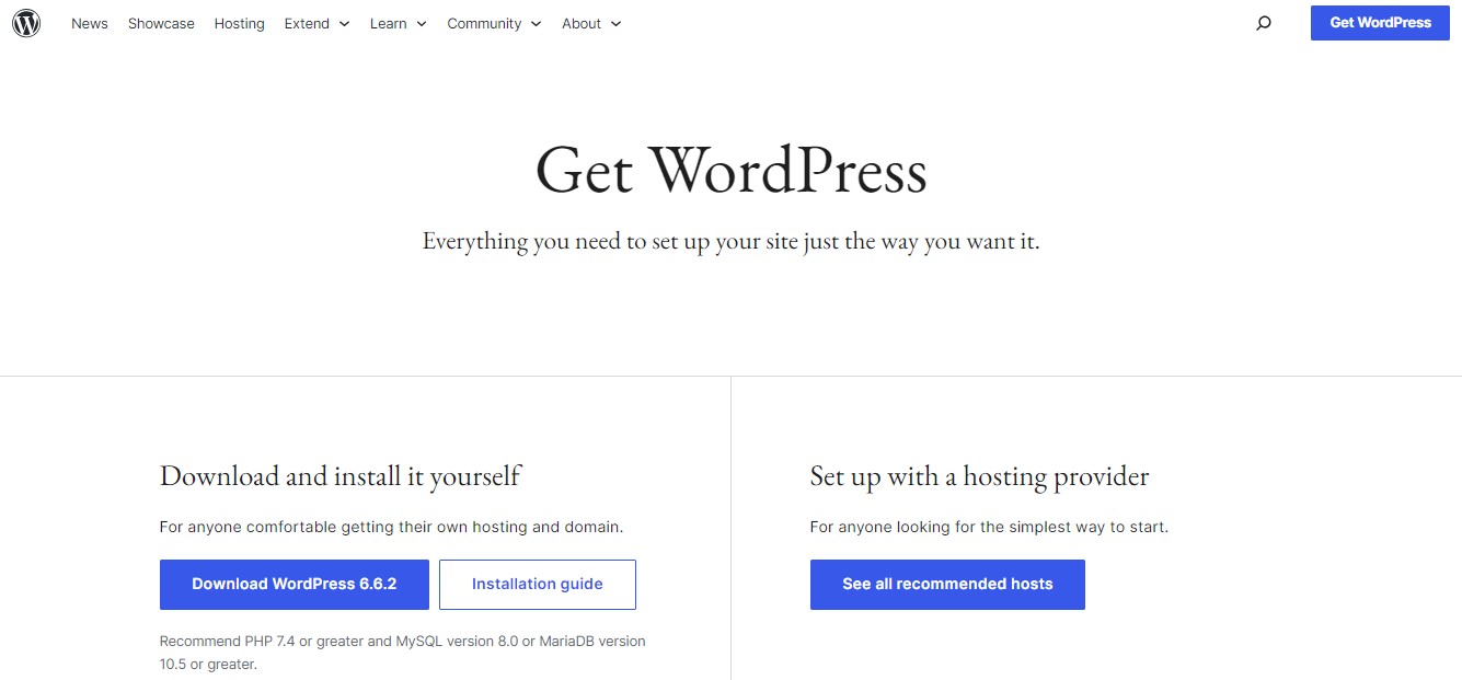 WordPress.org homepage with title, paragraph, and various calls to action point users to downloading WordPress.
