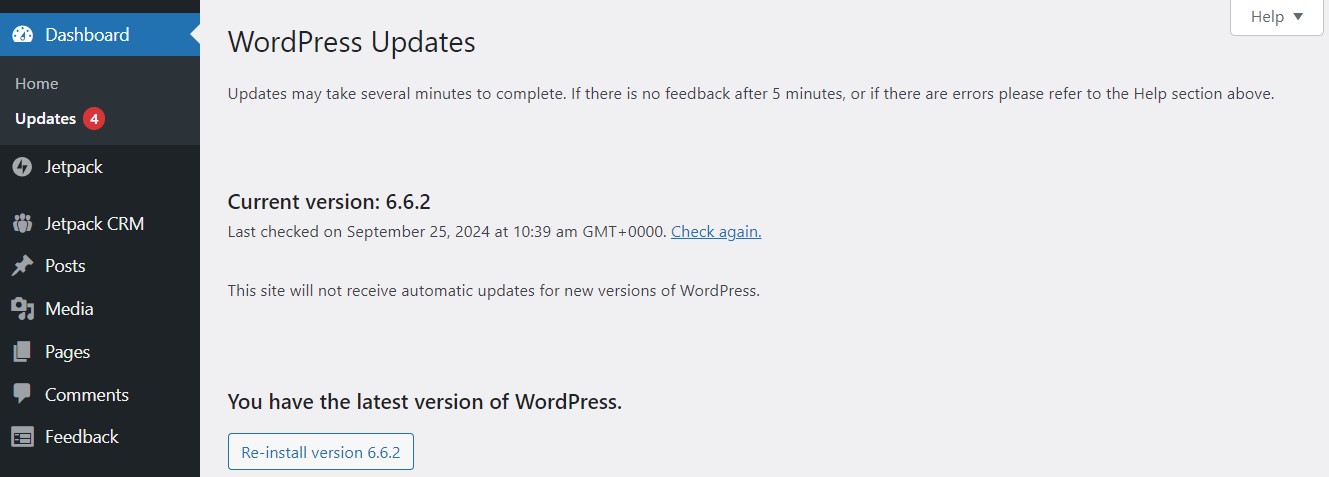 WordPress Updates as displayed in the backend dashboard - showing four available updates.