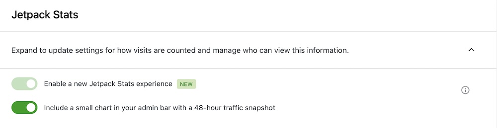 Jetpack Stats plugin settings with toggled on options to enable new experience and include a small chart in admin bar.