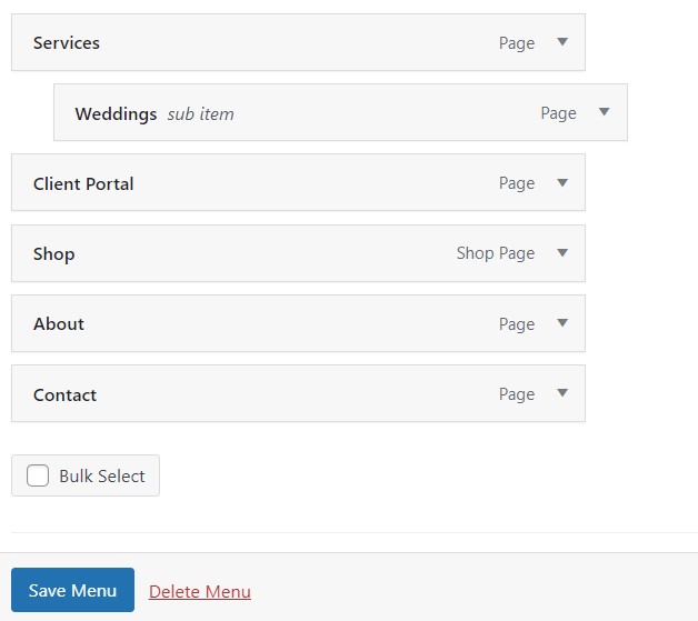 WordPress Menus screen in backend dashboard with several menu items and one sub-menu item added to the menu.