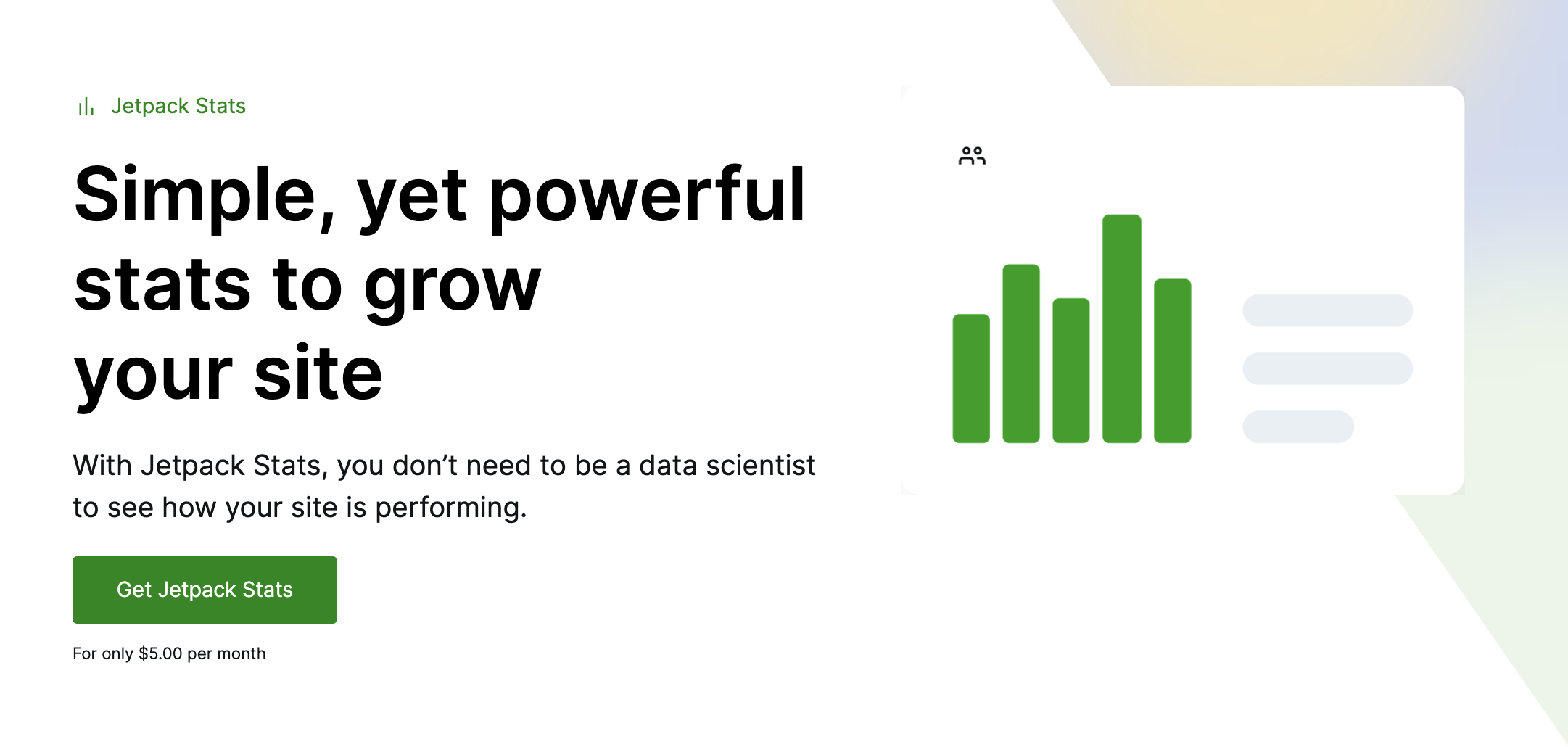Jetpack Stats homepage with the text "simple, yet powerful stats to grow your site."
