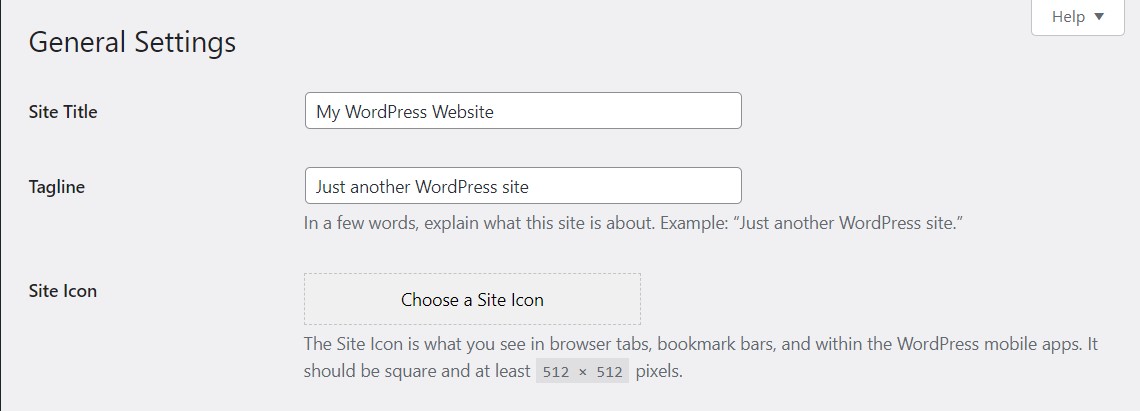 WordPress dashboard (backend admin panel) Settings screen showing general settings like Site Title and Tagline.