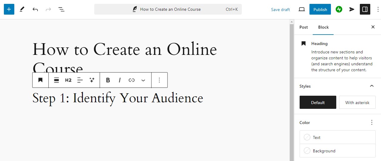 Gutenberg post editor on a WordPress website with Post Title, title block, and block settings with Default styles selected.