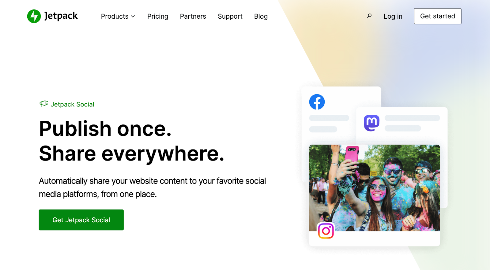 Jetpack Social page with the text "Publish once. Share everywhere."