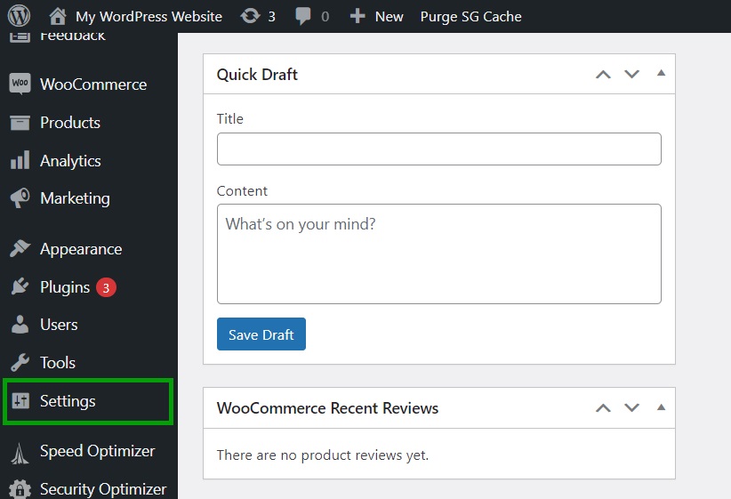 WordPress dashboard (backend admin panel) highlighting the Settings option in the left hand menu.