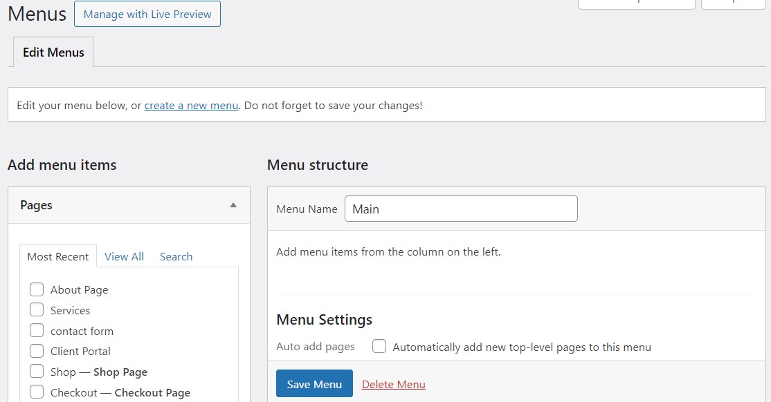 WordPress Menus screen in backend dashboard with Page selection and Menu Name set as 'Main'.