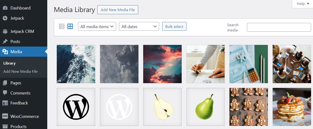 WordPress dashboard Media Library view displaying all items.