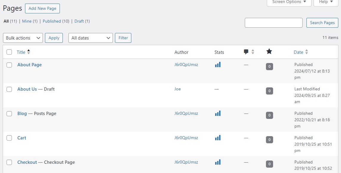 WordPress website dashboard Page list with basic as well as WooCommerce pages.