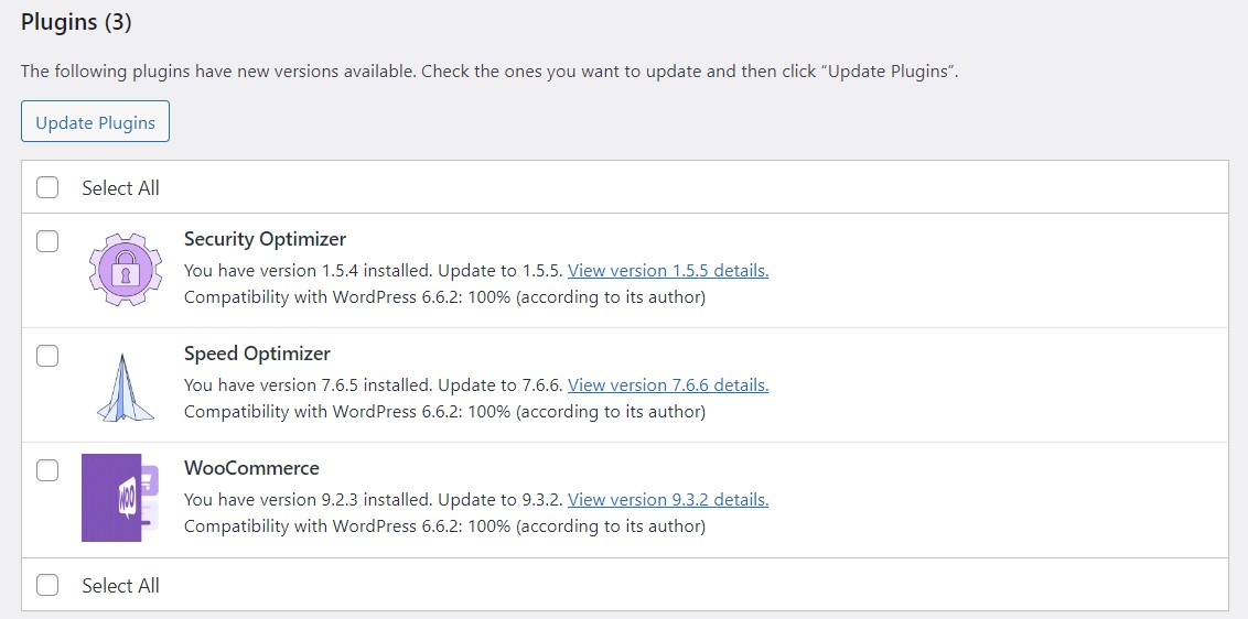 WordPress Updates as displayed in the backend dashboard - showing three available plugin updates.