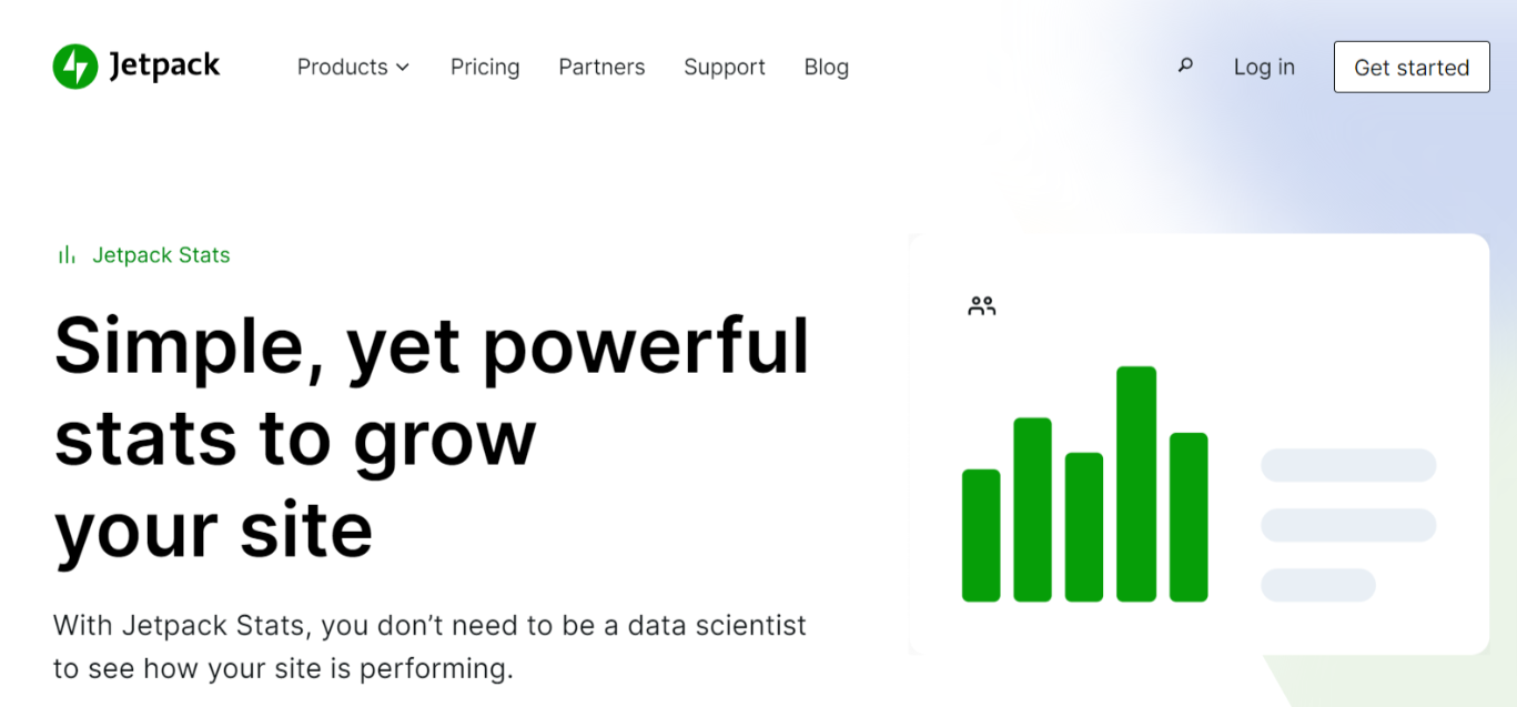 Jetpack Stats homepage hero with title, paragraph, and data visualization graphic.