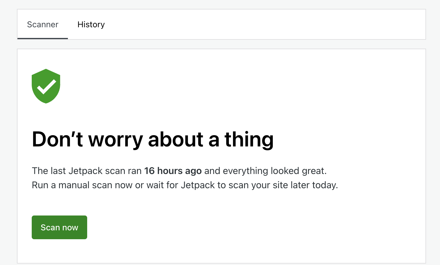 Jetpack Scan en el escáner del escritorio de WordPress, que muestra un sitio web en buen estado.