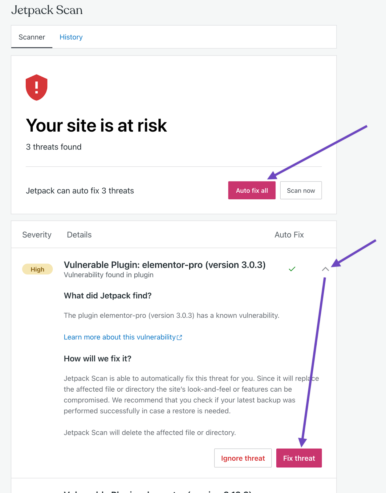 Jetpack Scan en el escáner del escritorio de WordPress, que muestra 3 amenazas encontradas y una llamada a la acción para «Corregir todo automáticamente».
